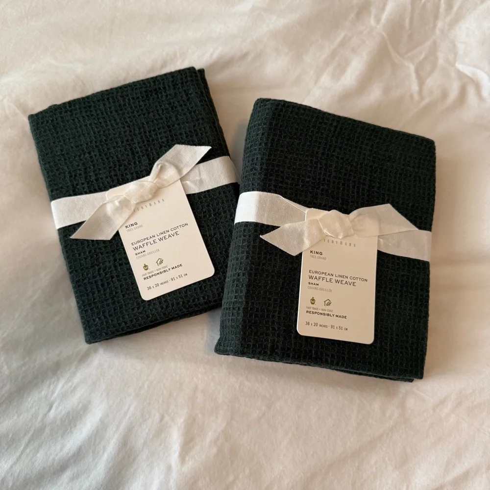 Set of 2 Pottery Barn EUROPEAN LINEN COTTON WAFFLE WEAVE King Shams Green Pine